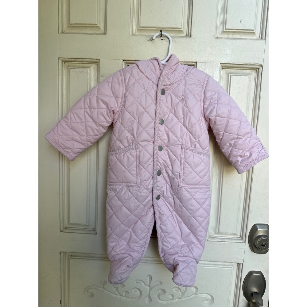 Ralph Lauren Pink Quilted Bunting Pram Suit Hooded Fleece Lined Size 3M